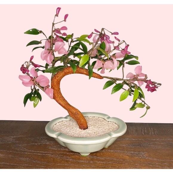 Vintage Bonsai Tree Glass Cherry Blossom Flowers Jade Leaves Celadon Pot Asian - Picture 2 of 7